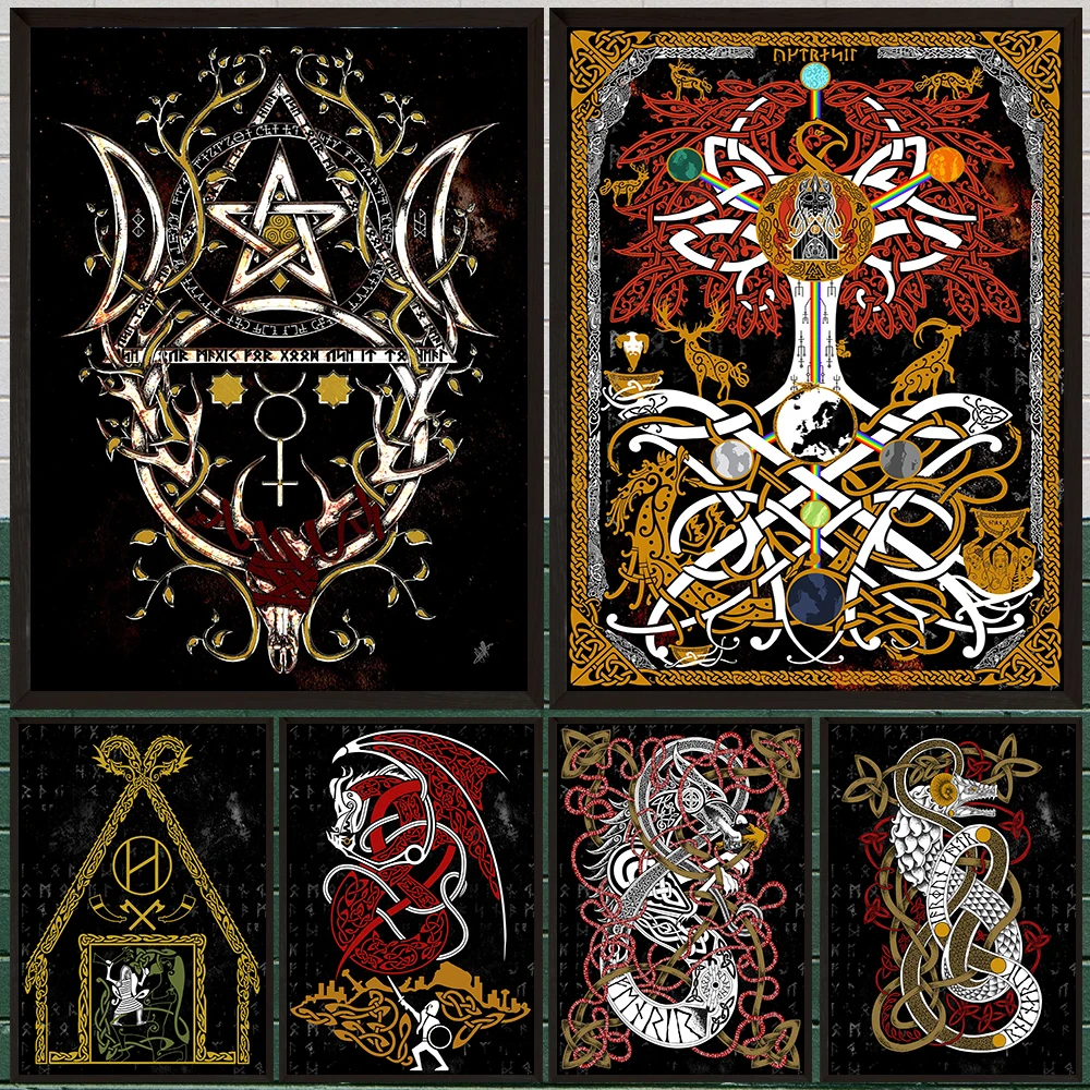 Tree Of Life,Norse Serpent,Celtic Knight & Pagan Pentacle Art Poster Prints,Viking, Wicca & History Wall Art Canvas Print Decor