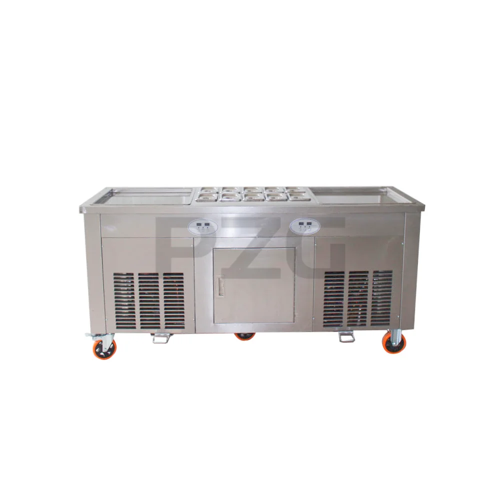 Commercial Moveable Stainless Steel Double Air Compressors Square Double Pans Thai Fried Ice Cream Roll Machine With 10 Barrels