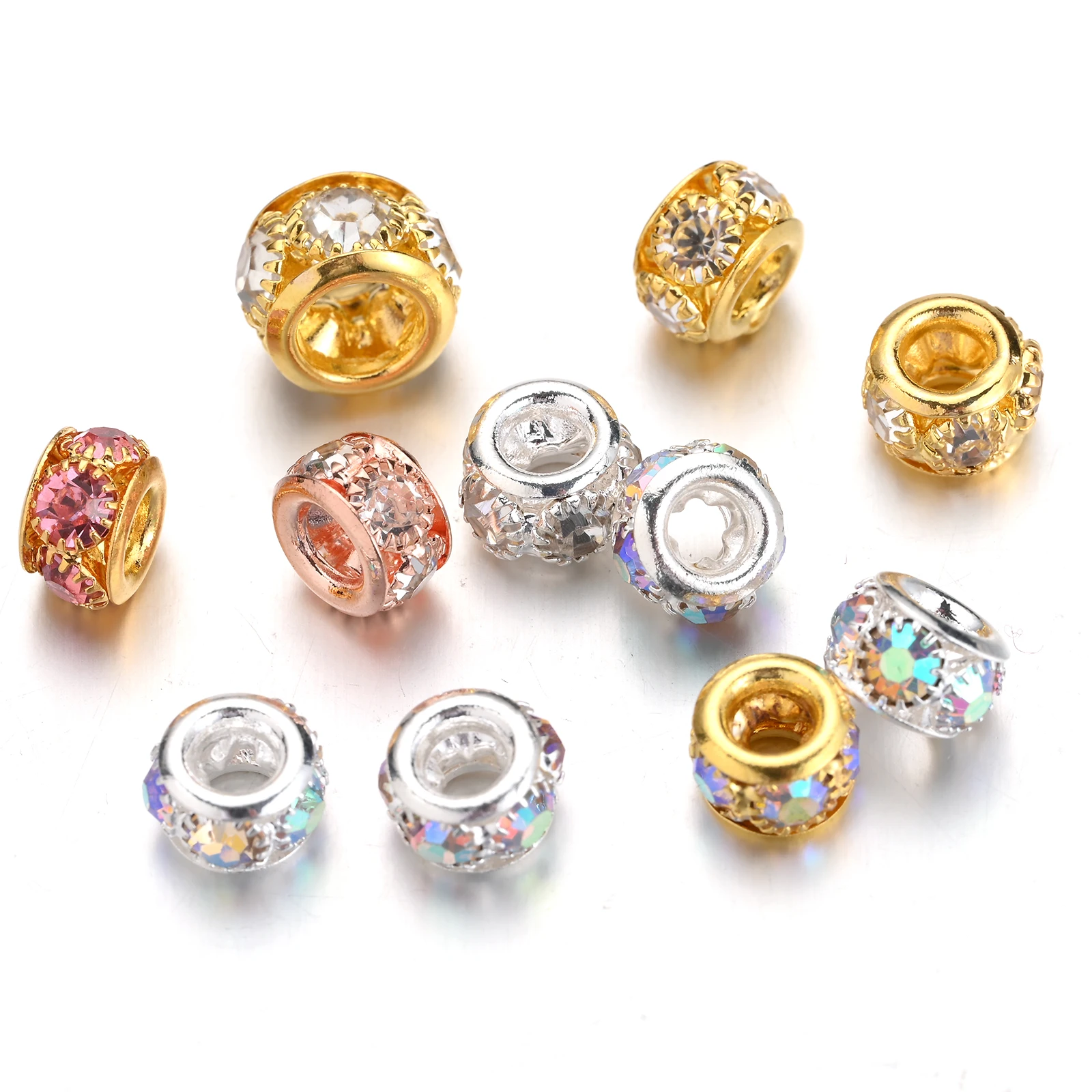 10 Stück 8/10mm Strass-Legierungs-Abstandsperlen, gemischte Farben, Kristall-Rondellperlen, große Lochperlen für DIY-Armband-Schmuckherstellung – Detail 3
