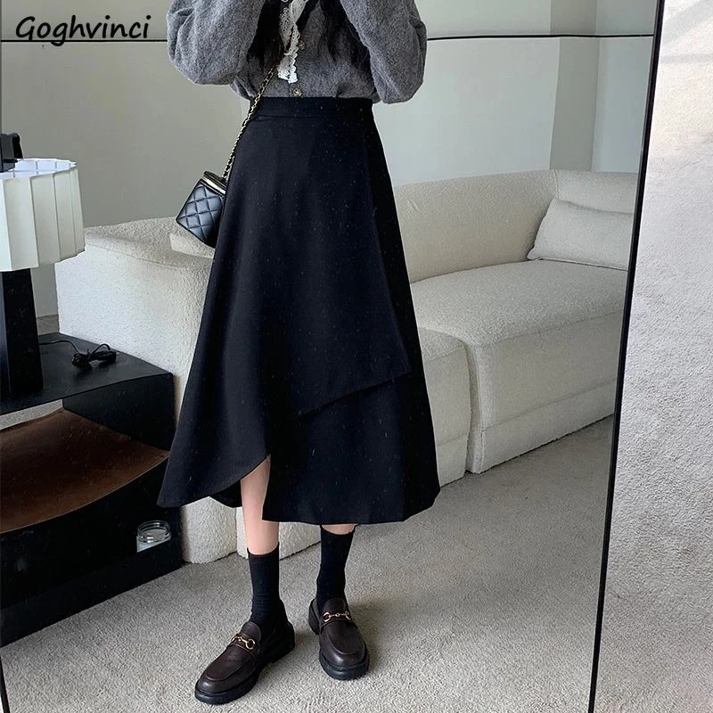 XS-3XL Black Midi Skirts Women Asymmetrical High Waist A-line Faldas Largas Fall Winter Temperament Gentle All-match Streetwear