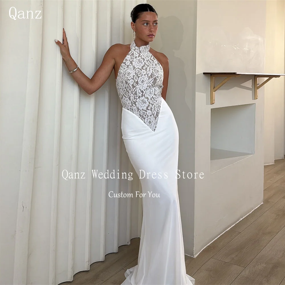

Qanz Beach Mermaid Wedding Dresses Women Halter Neck Lace Appliques Robe De Mariage Sexy Vestidos De Novia Civil Customized
