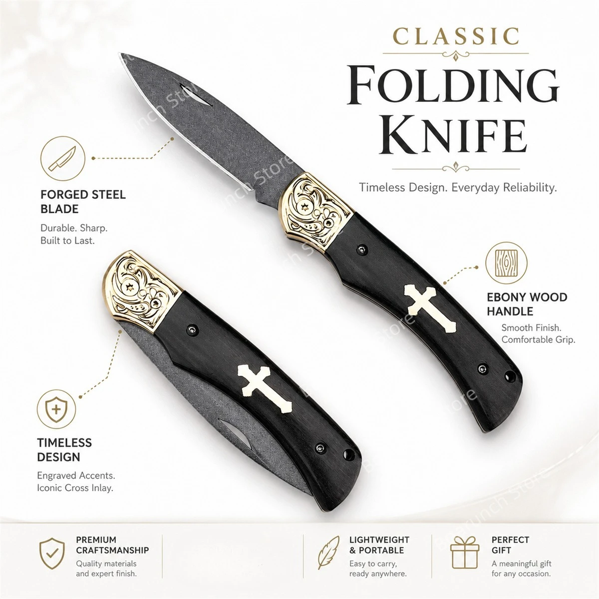 Cross Pattern Folding Pocket Knife High Quality Forging Steel Blade, Ebony Handle, Outdoor EDC Camping Knife Hiking Knife