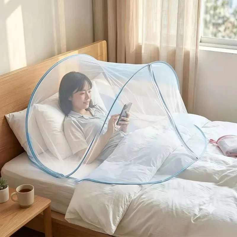 Pop Up Single Head Mosquito Net Foldable Portable Bed Head Tent Zipper Design Bug Barrier For Nap Bedroom Travel Rest