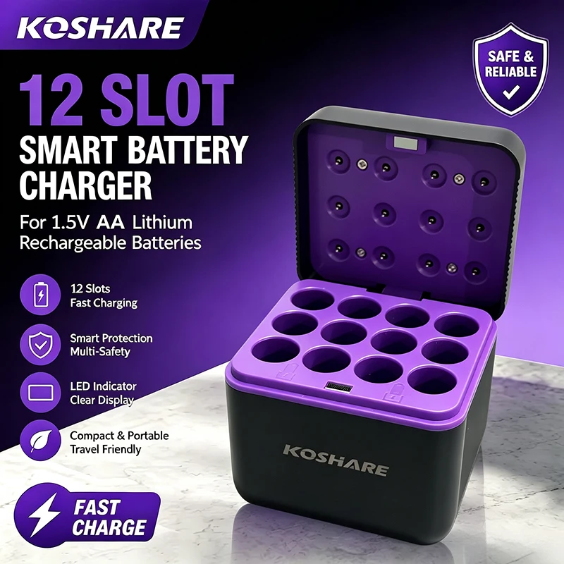 KOSHARE New Upgrade 1.5V 12 Slot Smart Independent Battery Charger With LED Indicator For Rechargeable Lithium Batteries AA