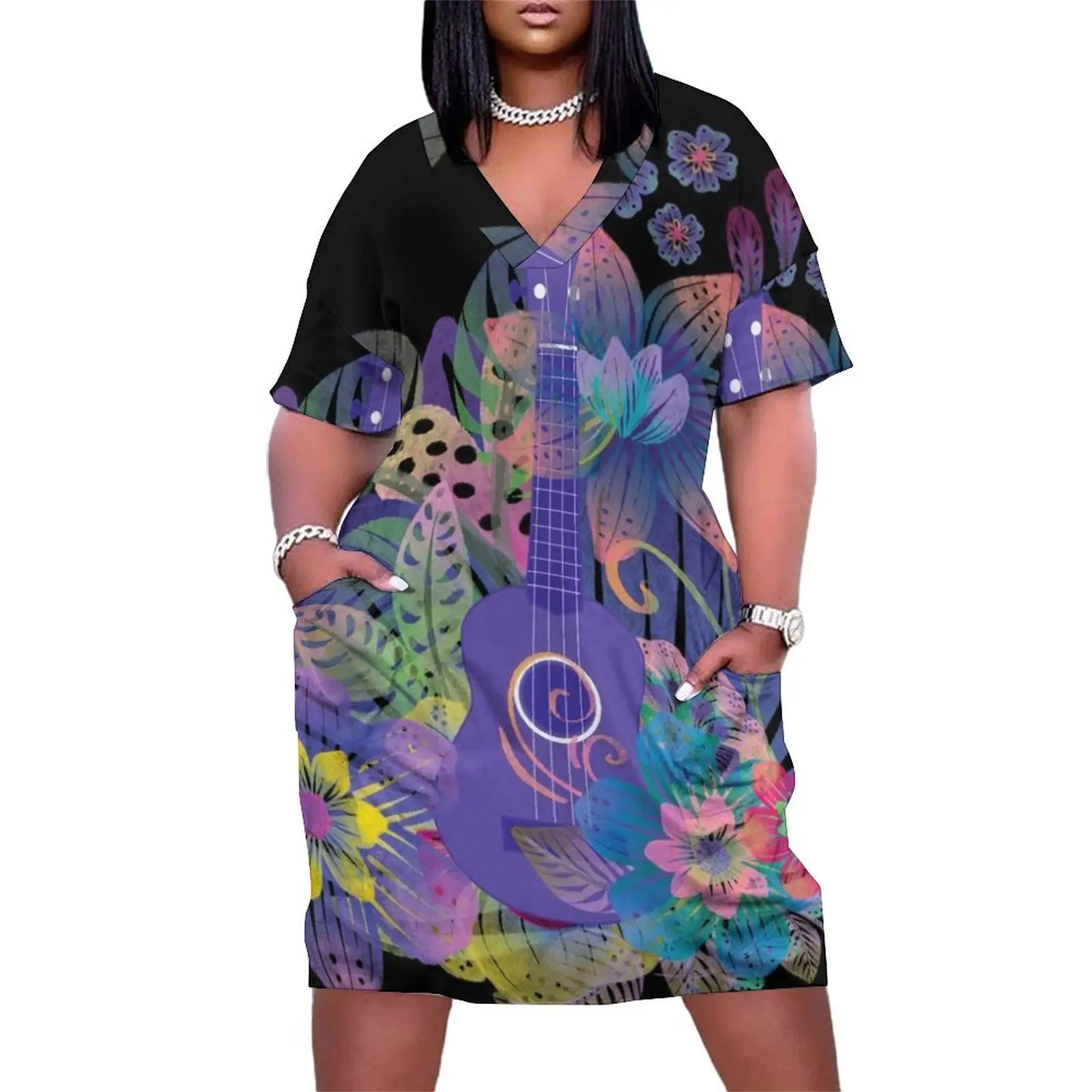 

Ukulele composition with flowers Loose Pocket Dress sexy dress for women women's evening dresses Female clothing purple dress