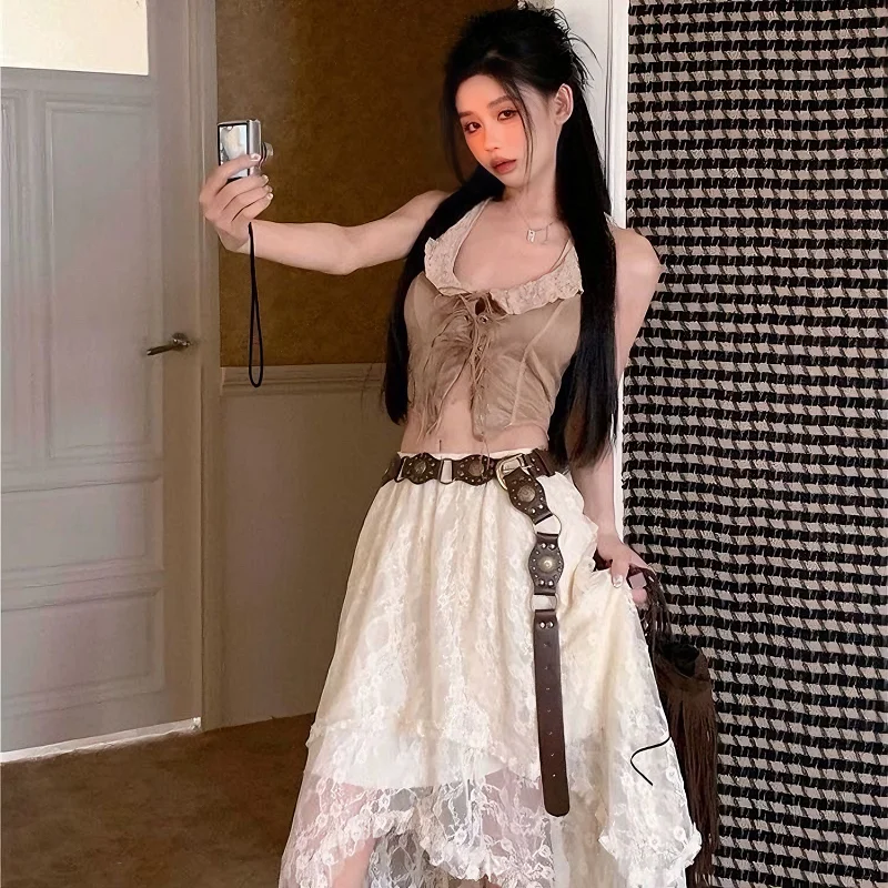 패션 하라주쿠 여름 빈티지 비대칭 불규칙 레이스 트림 홀터 드레스 레이어드 스커트 여성 패션 앙상블 고스 스커트