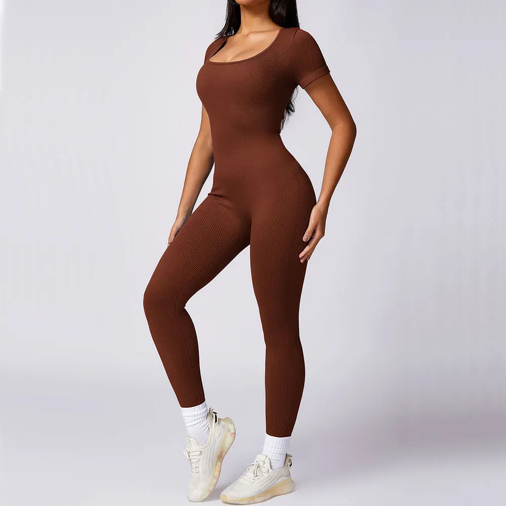 Yoga Set Women\'s Ribbed Jumpsuits One-Piece Suit Short Sleeve Gym Clothes Push Up Workout Tracksuit Fitness Bodysuit Sportswear