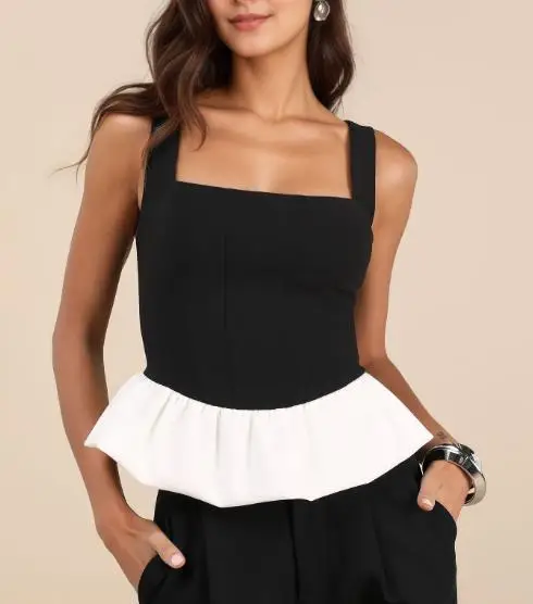 

Summer 2025 new women's sleeveless black and white vest slimming A-line skirt patchwork pleated skirt women's clothing