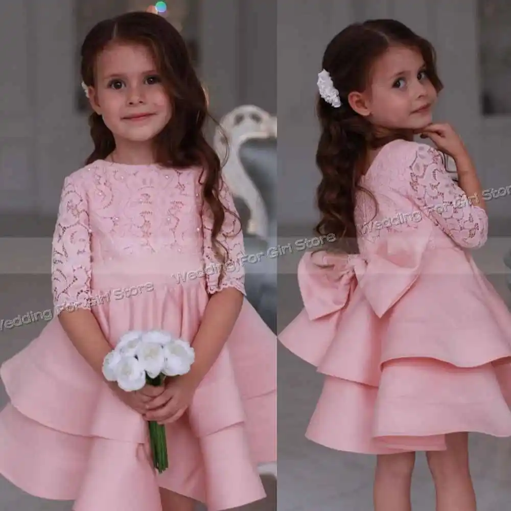 Peach Lace Satin Girl's Dresses Pearl Embellished Tiered Flower Girl Dress Half Sleeve Kids Clothes Princess Birthday Girls Gown