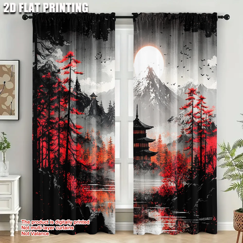2pcs Japanese Pagoda and Red Maple Curtains Ink Wash Window Drapes Asian Zen Mountain Art Decor for Living Room Bedroom