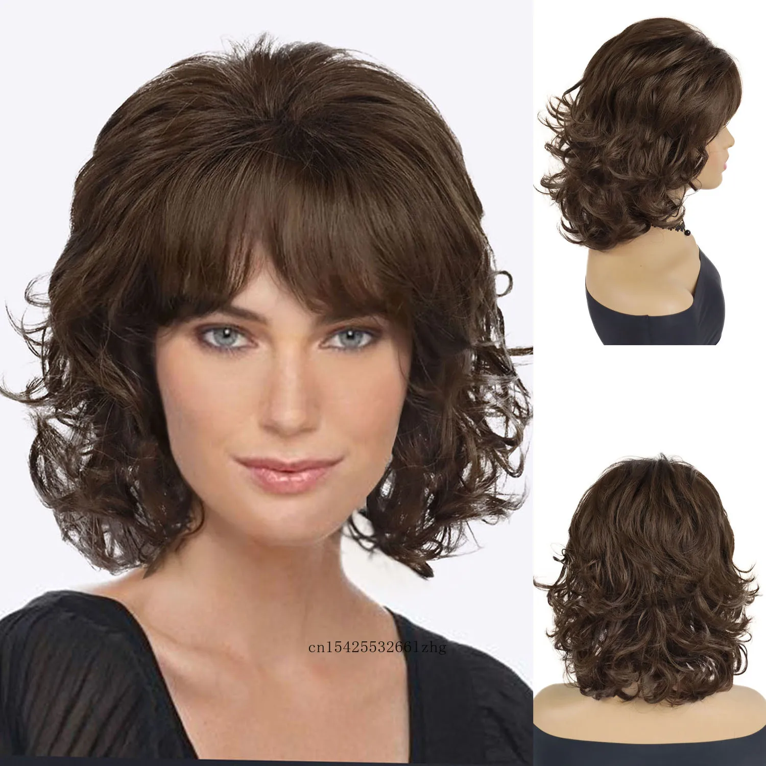 

GNIMEGIL Синтетические волосы Темно-коричневые короткие женские парики Пушистый вьющийся парик старых леди с челкой Натуральный парик для мамы Повседневный костюм для вечеринки