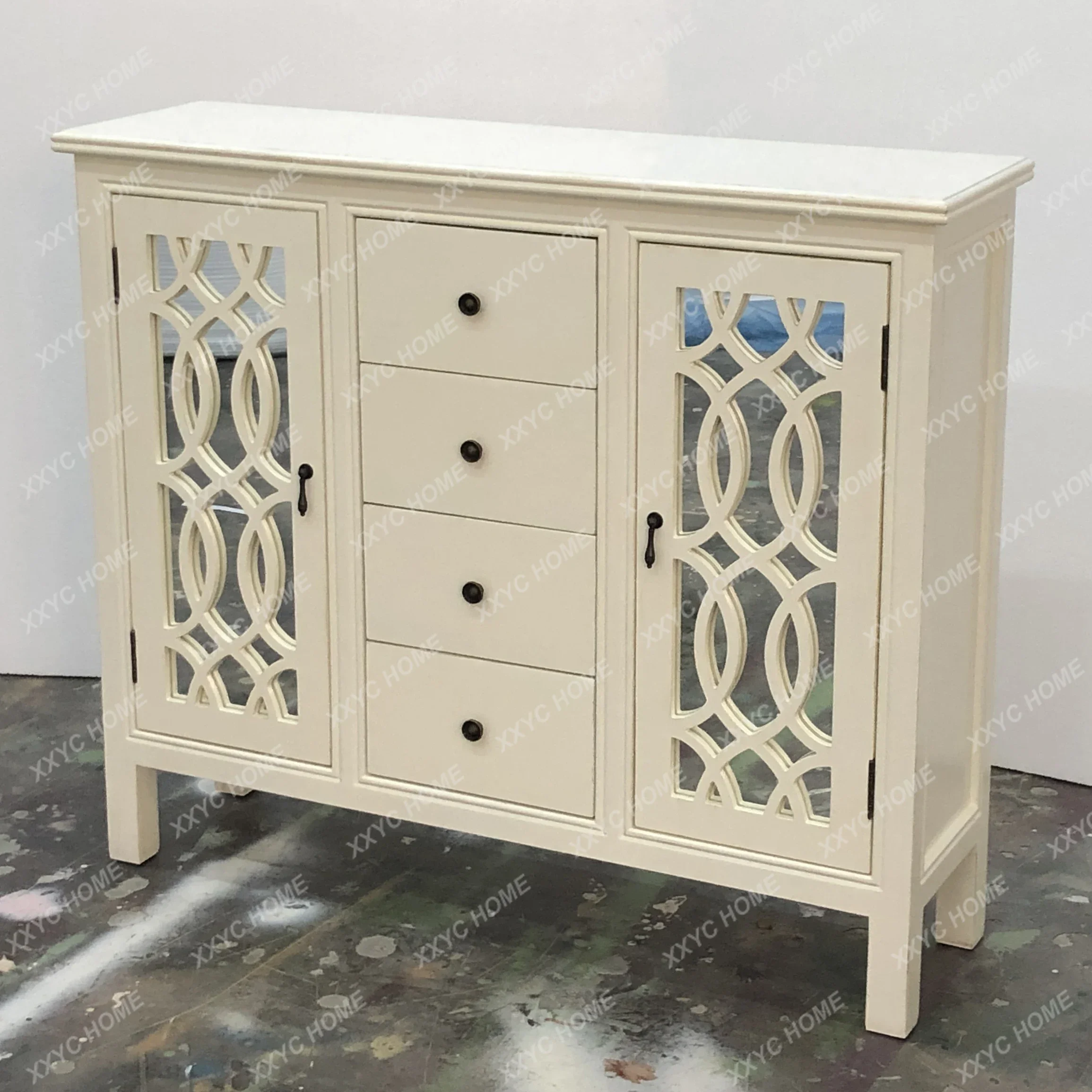 Country Dining Hall Entrance Cabinet Mediterranean Furniture Retro Distressed Glass Wine Cabinet