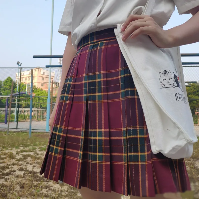 High Waist Plaid Uniform Skirt Japanese Style Cotton Gingham Half Skirt Pleated Skirt School Uniform Skirt for Middle-aged Women