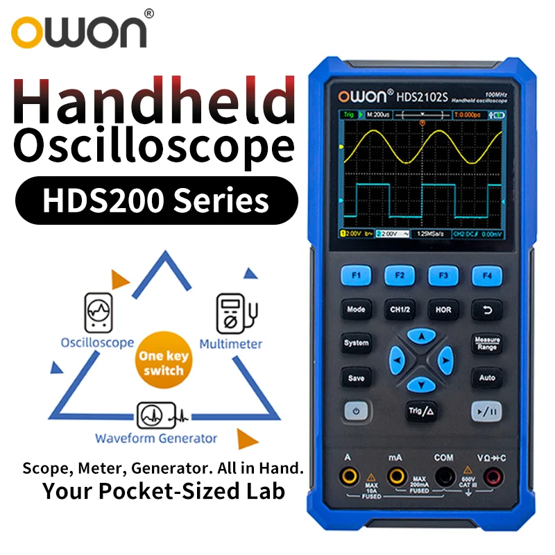 OWON HDS2102S/HDS272S/HDS242S Osciloscopio digital portátil 3 en 1, generador de señal, multímetro |   Ancho de banda de 100 MHz, 2 canales
