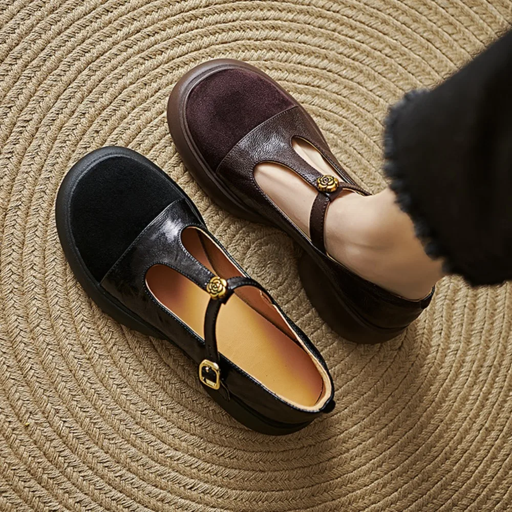 

2026 Spring Classic Women's Genuine Leather Loafers, Round Toe T-Bar Strap, Slip-On for Office & Daily Wear