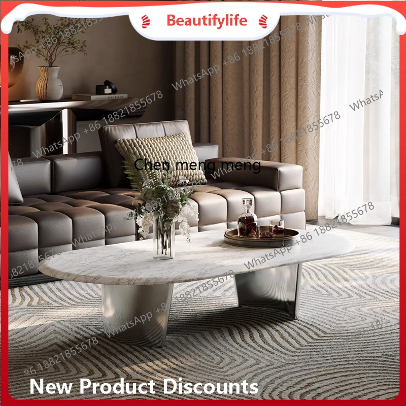 Modern, Matte Medium White Natural Stone/Mirror Stainless Steel/N Household Marble Coffee Table   H