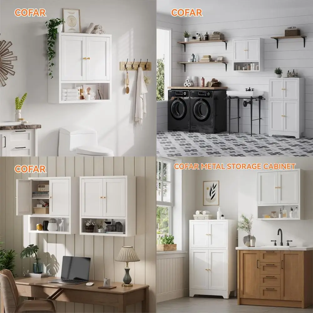

White Metal Over-the-Toilet Wall Cabinet with Doors and Open Shelf for Bathroom, Kitchen, and Laundry