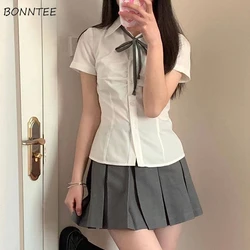 Shirts Women Solid Preppy Simple Slim Summer Short Sleeve Chic Folds Leisure Female Korean Style All-match New Design Clothing