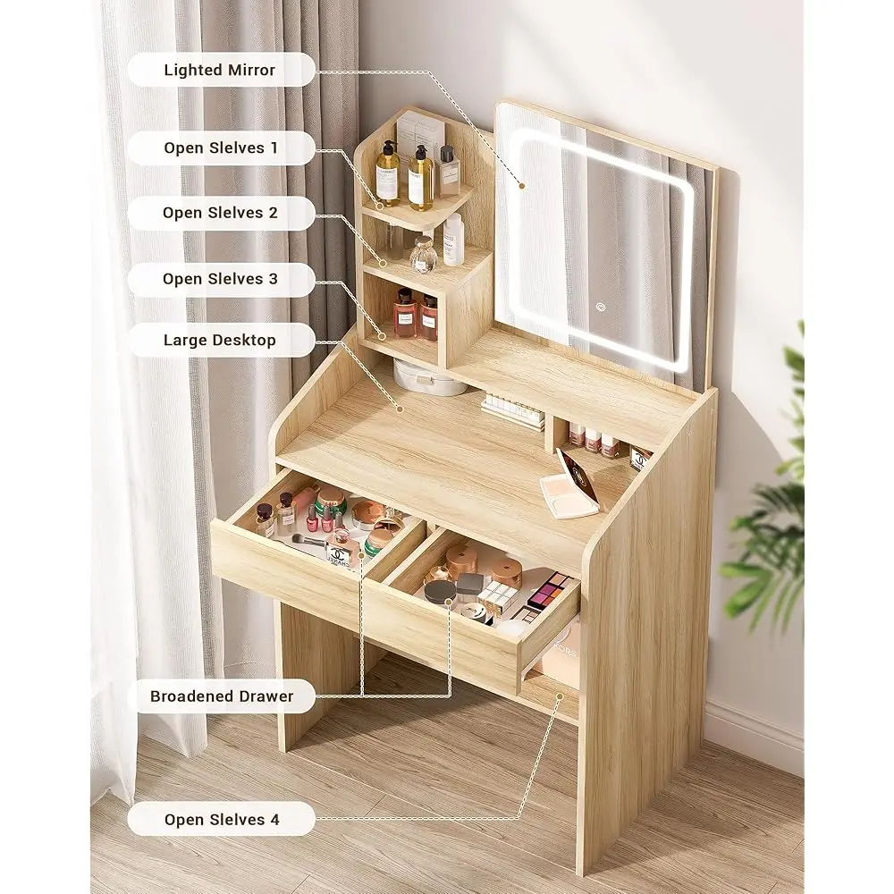 Vanity Desk con specchio quadrato e luce, marrone