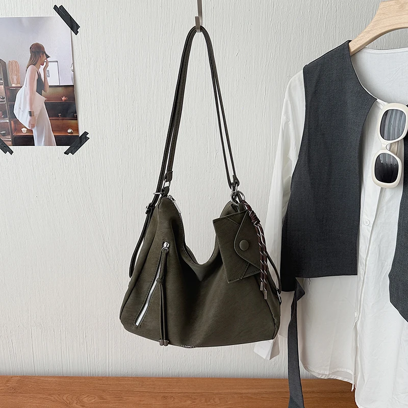 Vintage Distressed Faux Leather Hobo Bag Women Multi Zipper Pocket Shoulder Bag Adjustable Strap Crossbody Underarm Bag