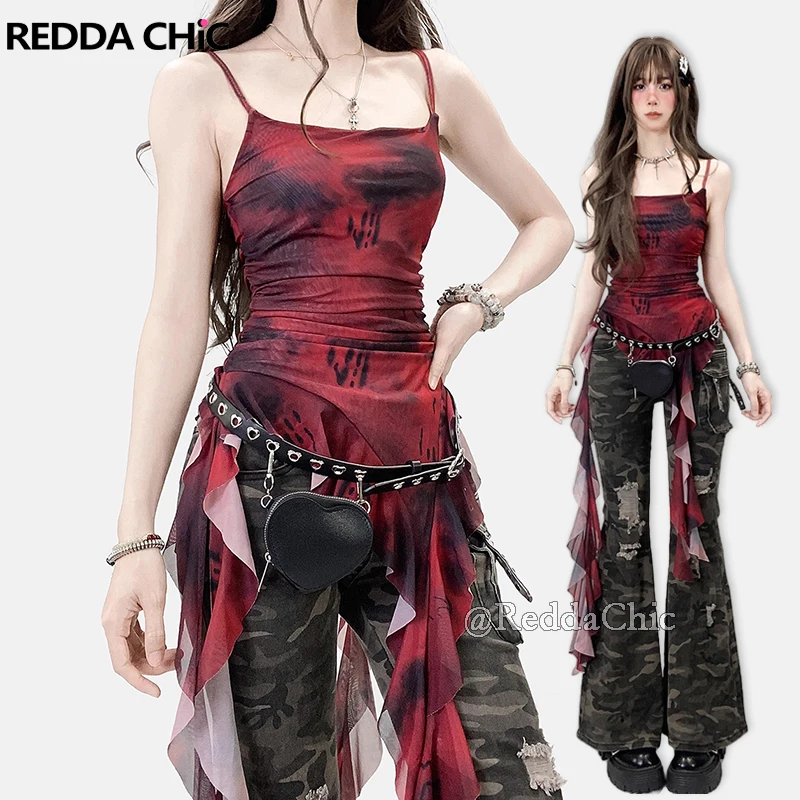 REDDACHiC Dark Punk Ruffle Fringe Top Women Gothic Red Tie Dye Mesh Camisole Sleeveless Vest Night Out Concert Festival Outfit