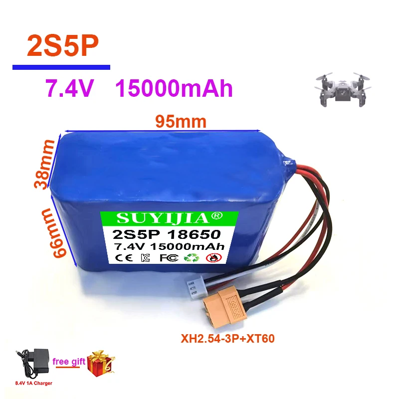 18650 2S5P 7.4V 15Ah Rechargeable Lithium-ion Battery Pack, Suitable for Various RC Aircraft Quadcopters with Customizable Plugs