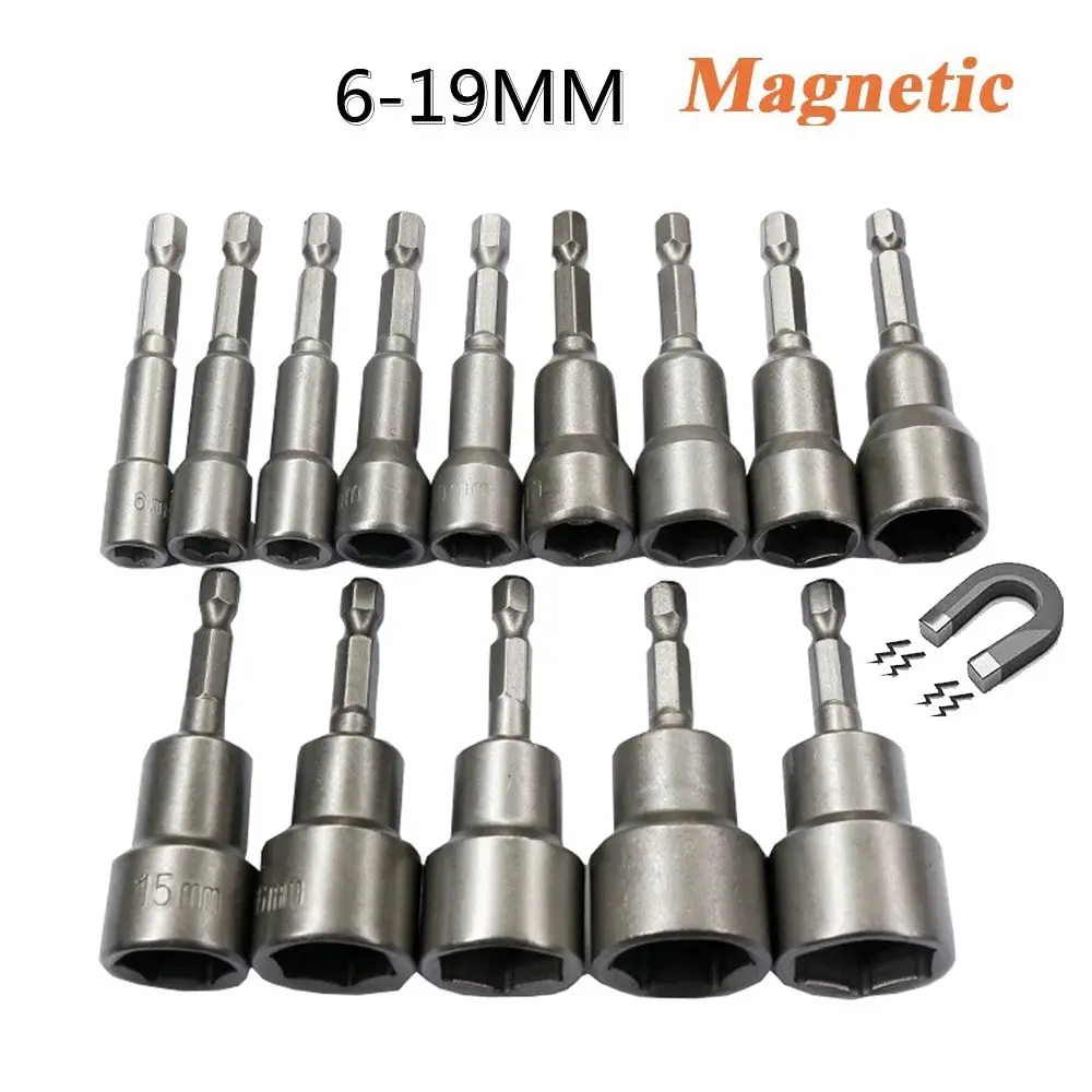 6mm-19mm Impact Socket Magnetic Nut Screwdriver 1/4 Hex Key Set Drill Bit Adapter for Power Drills Impact Drivers Socket Kit