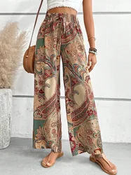 Bedruckte Hose mit weitem Bein für Frauen Kordel zug Schnürung im böhmischen Stil lose lange Hose Dame Mode Streetwear Freizeit hose neu