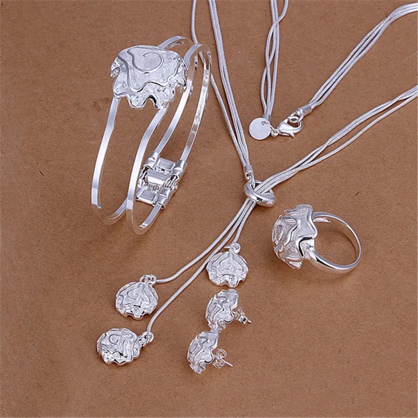 Fashion 925 Sterling Silver Fine Rose Flower Bangle Rings Bracelets Necklace Earrings Stud Jewelry Set For Women Holiday Gift