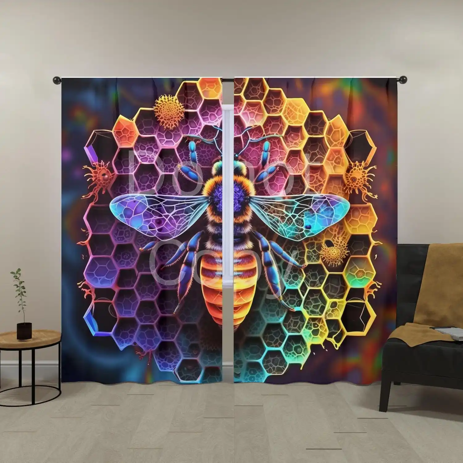 Vibrant Honeycomb Bee Art Window Curtain Modern Hexagon Pattern Living Room Home Decor Sunlight Filter