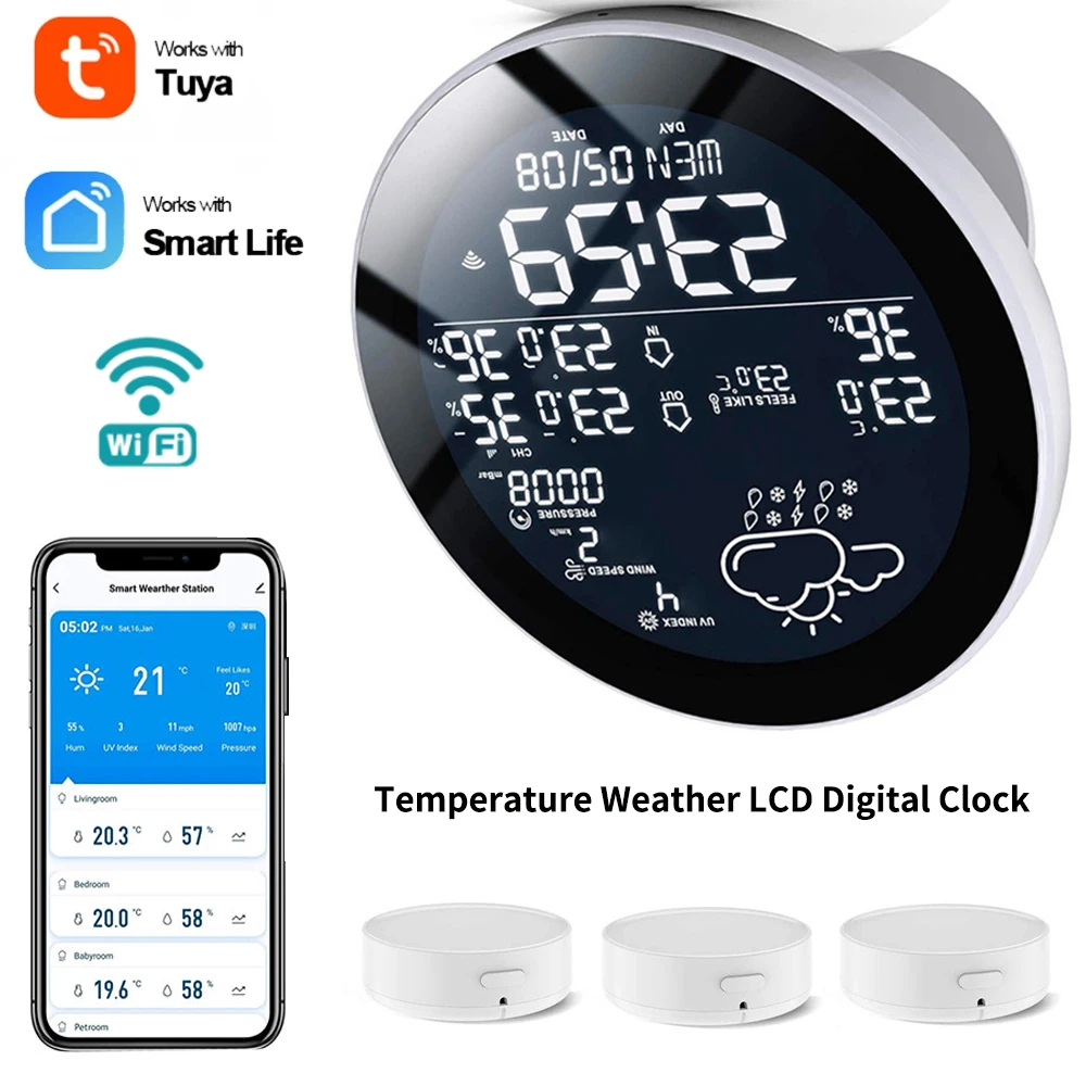 

Tuya Smart WiFi Weather Station Indoor/Outdoor Intelligent Thermometer Wireless Sensor Hygrometer LCD Digital Alarm Clock