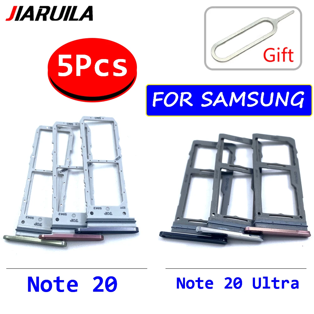 5Pcs，Dual SIM Card Slot SD Card Tray Holder Adapter For Samsung S20 Note 20 Ultra Phone Sim Card + Pin