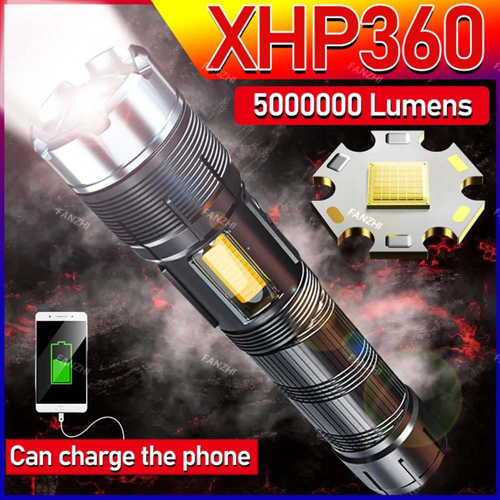 5000000 LM Powerful Led Flashlight XHP360 High Power Torch Lights XHP199 Rechargeable Tactical Flashlight 26650 Usb Camping Lamp