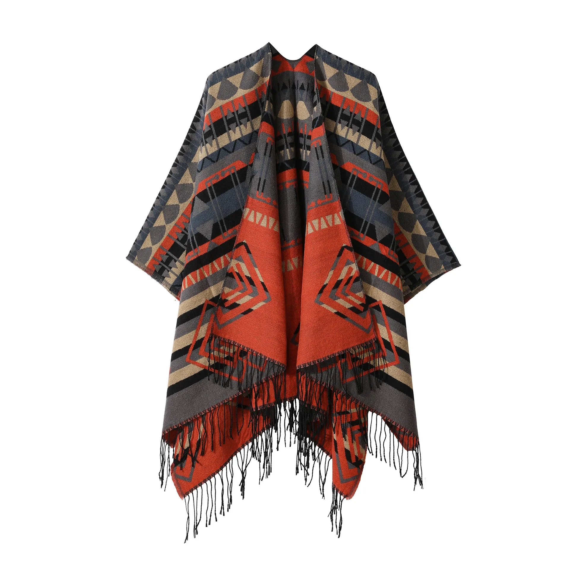 Poncho novo split quente xale vintage estilo étnico cachecol imitação de caxemira borla capa feminina senhora casaco quente cáqui