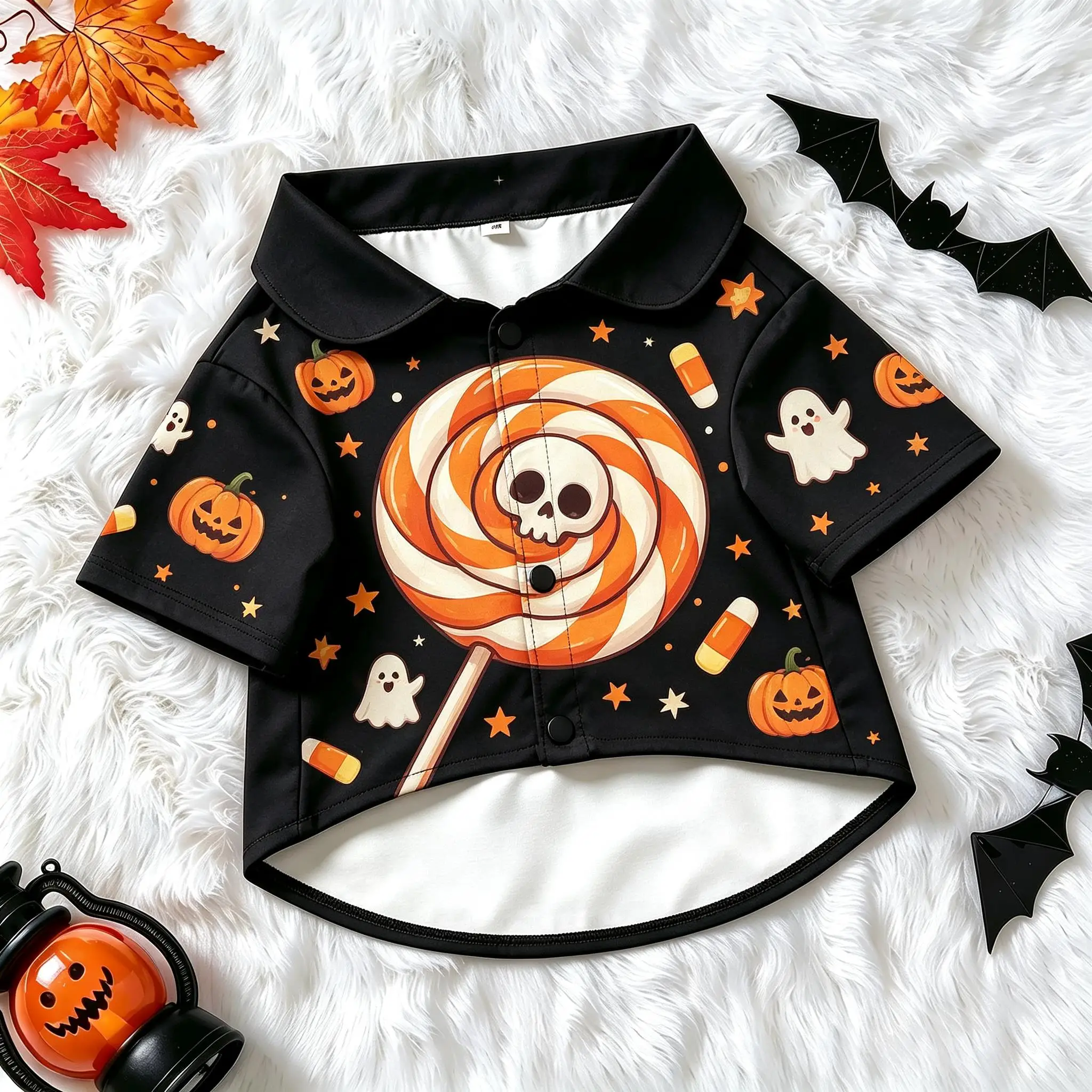 Pet Dog Shirt Black Skull Lollipop Pumpkin Print Comfortable Button Up for Small Medium Dogs Cute Halloween Theme Party Wear