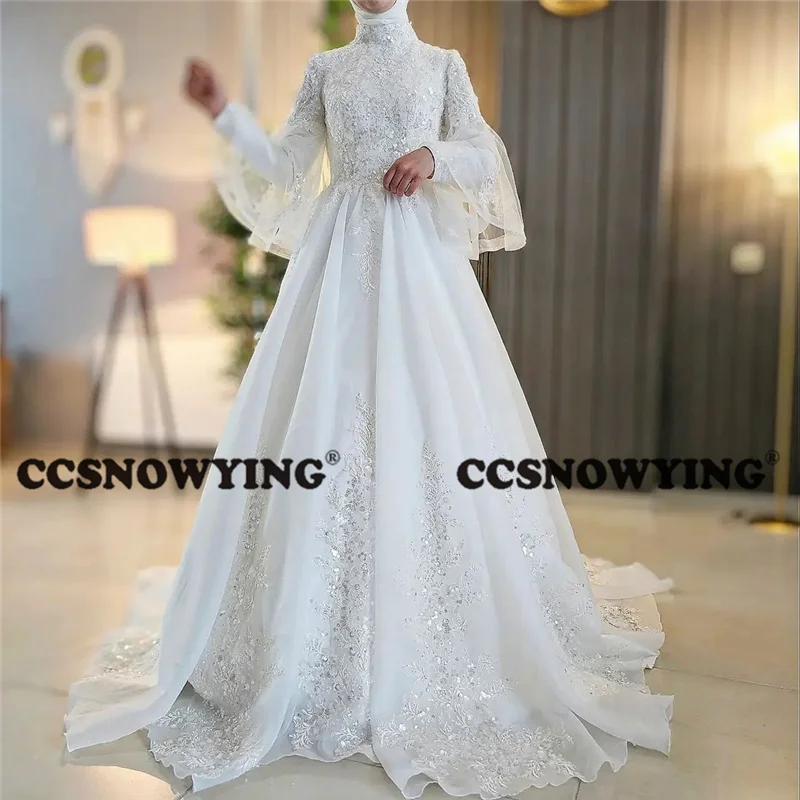 Organza Appliques Beaded Long Sleeve Muslim Wedding Dress for Bride Islamic Hijab Bridal Gowns Women Arabic Robe De Mariée