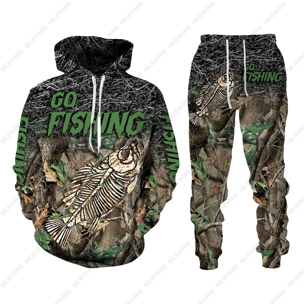 Go Fishing 3D Print Men's Tracksuit Sets Casual Hoodie + Pants 2pcs Sets Animal Fish Hunting Camo Hoodie Sets Trend Men Clothing