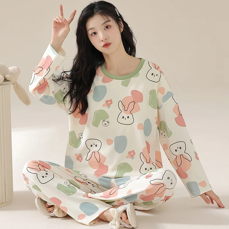 Rabbit Women Pajamas Sets Pullover Long Sleeves Long Pants Autumn Winter Cute Pyjamas Soft Sleepwear Cozy Pijamas Lady Girls Pjs