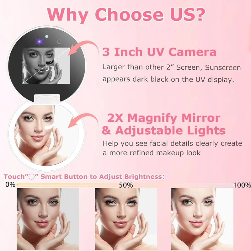 Smart Sunscreen Led Light Portable Makeup Mirror Uv Camera Visual Face Sunscreen Makeup Mirror