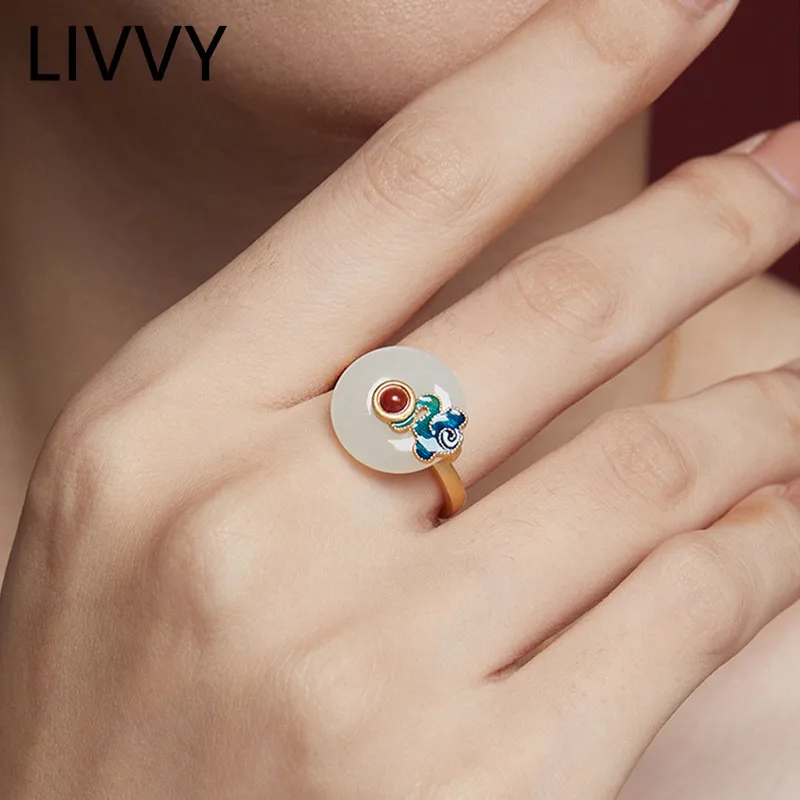 LIVVY Creative Ethnic Style Natural Stone Enamel Adjustable Ring For Women Fashion Simple Light Luxury Index Finger Ring