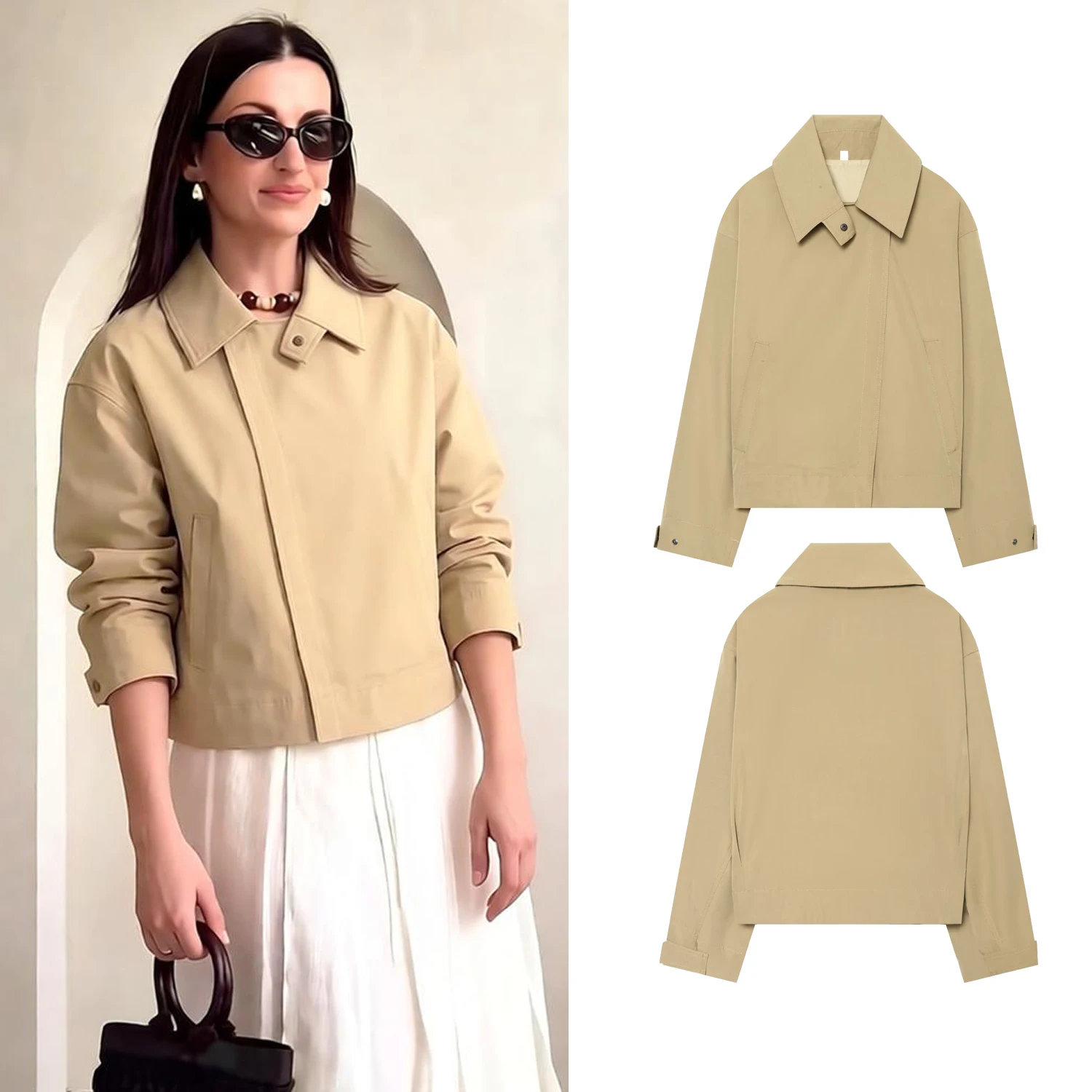 Women's Khaki Minimalist Jacketsspring Autumn Female Casual Commuting Jacket For Daily Wear Women'S Outerwear Top With Pockets