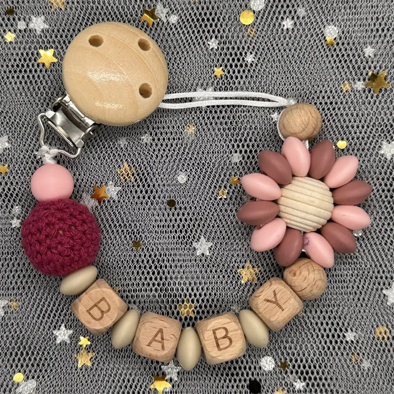 HOT Custom Name Wooden Personalized Beech Baby Pacifier Chain Clip Silicone Bead Nipple Holder Teether Pendant Newborn Toys Gift