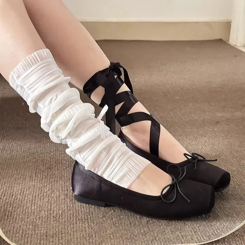 Ballet Shoes Square Toe Satin Strap Elegant Ballet Shoes Flat Bottomed Dance Shoes Exquisite Lightweight Women's Shoes New