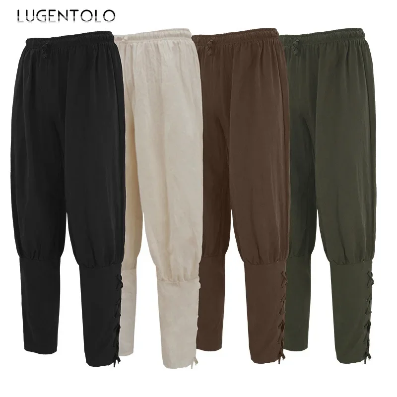 

Lugentolo Men Medieval Corsair Pants Elastic Waist Summer Thin Solid Bandage Men's Vintage Solid Party Long Pencil Trousers