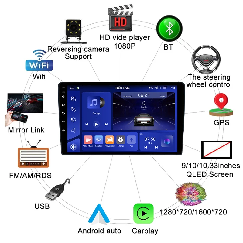 ROTISS Android 15 Radio Android 9 Inch Car Stereo IPS Display 6GB 128GB Storage Built-in GPS for 4G CarPlay & Android Auto