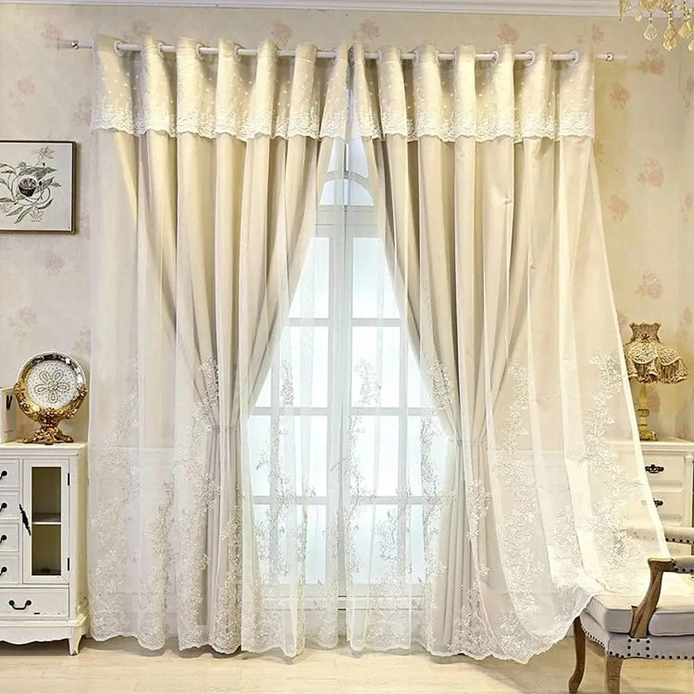 1 Panel 132cm Width European Double Layer Curtain for Living Room Bedroom Luxury Flower Embroidered Curtain