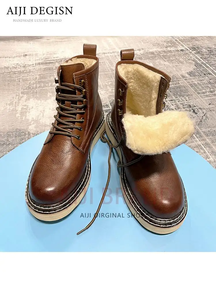 

Plush Warm Wool Lace Up Flat Genuine Leather Snow Boots Male Outdoor British Casual Platform Boots Men's High Top Shoes
