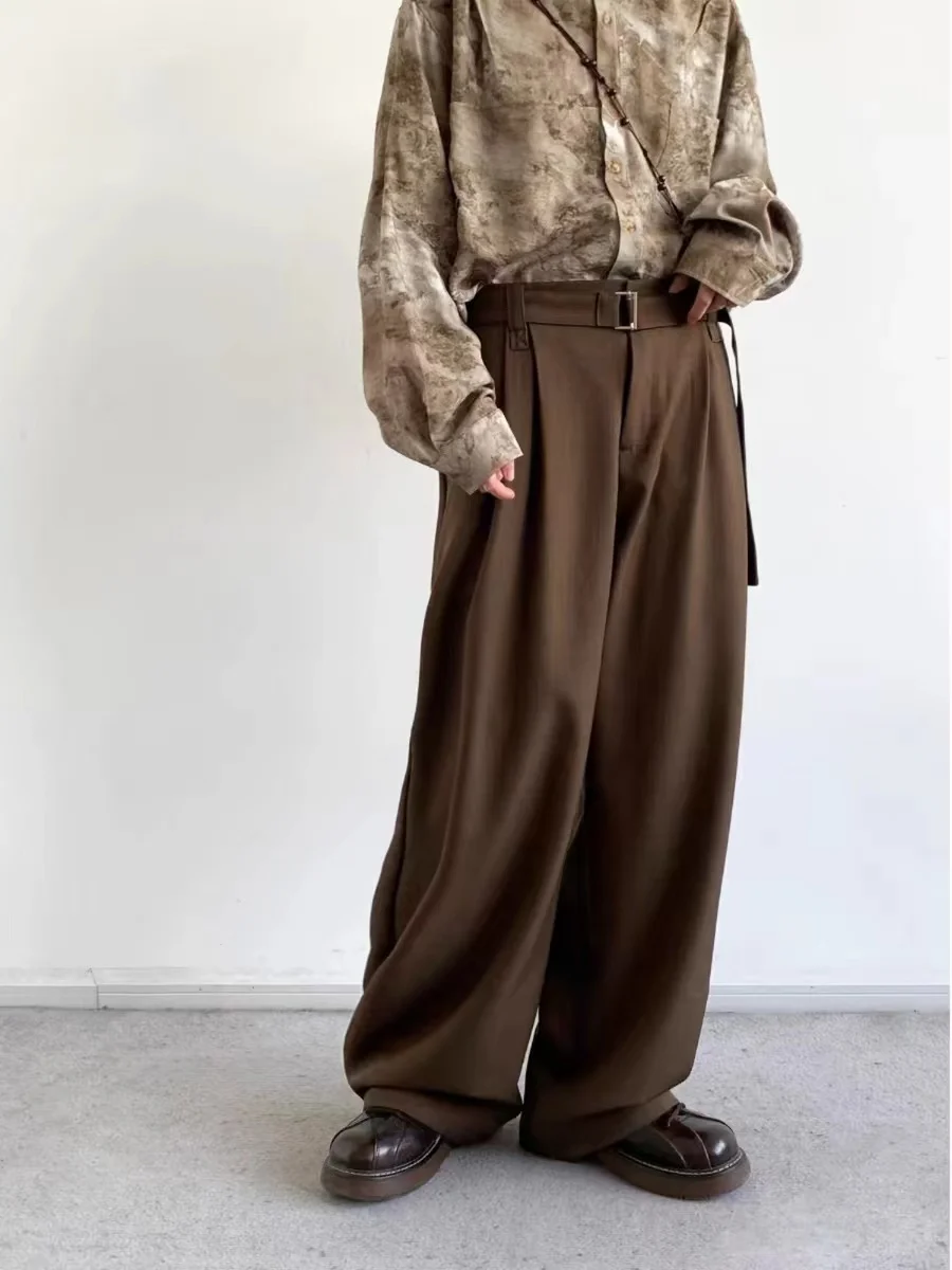 Retro Japanese Style Men's Casual Loose Pants Draping Sensation Spring Autumn Coffee Color Removable Belt Long Trousers