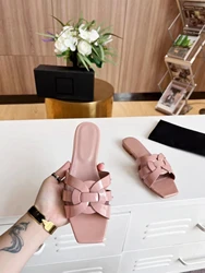 Summer Women's Slippers Genuine Leather Square Toe Open Toe Flat Bottom Fashion Party Shoes Plus Size 34-44 Outdoor Beach Shoes