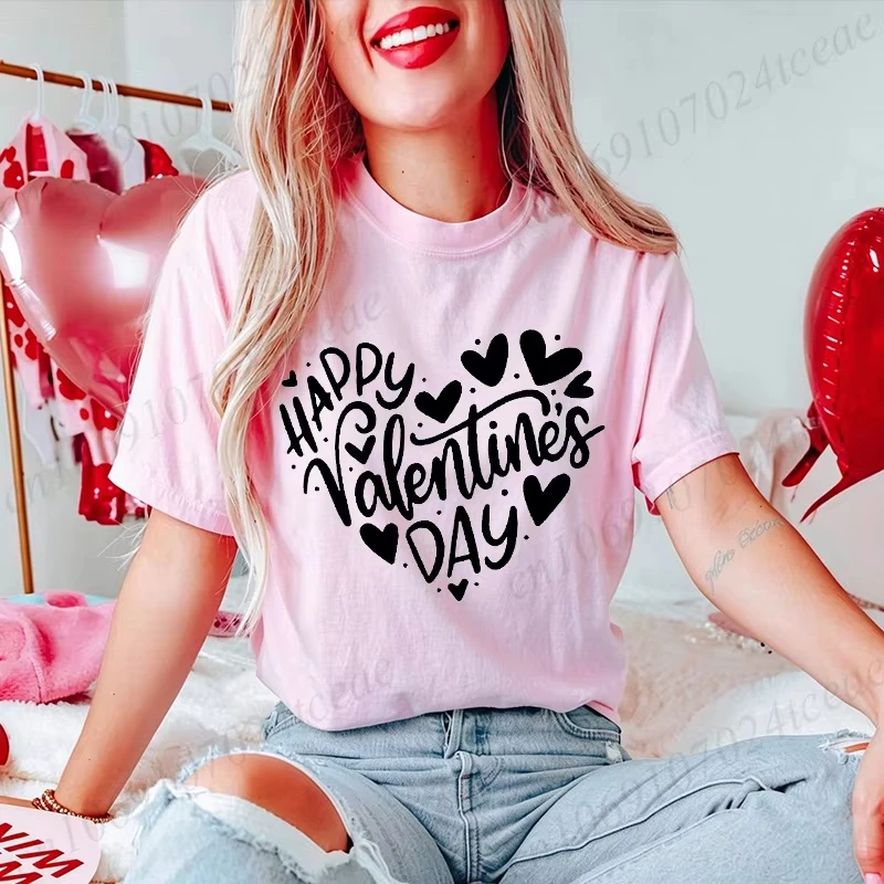 Happy Valentine's Day Print Short Sleeve T-Shirt Regular Fit Round Neck Women's Wear Gift for Daughter, Best Friend, Mom, Family